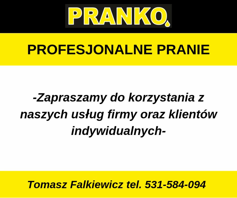 Reklama firmy Pranko oferującej profesjonalne pranie dla firm i klientów indywidualnych, z podanym numerem telefonu.