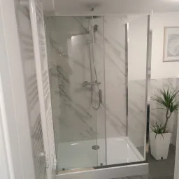 Nowoczesna kabina prysznicowa z białym brodzikiem i marmurowymi płytkami, widoczny grzejnik drabinkowy i roślina doniczkowa.