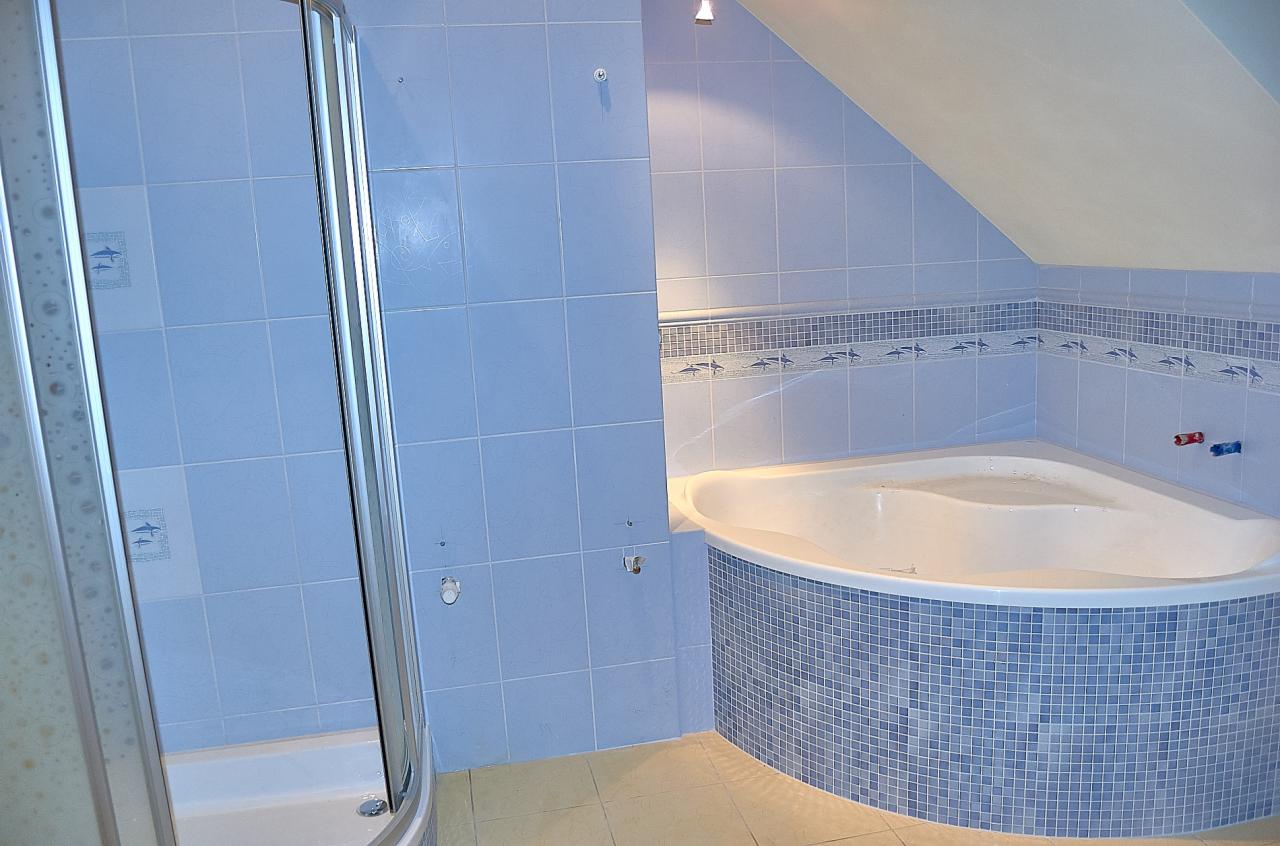 Niebieska łazienka z narożną wanną i kabiną prysznicową, wykończona płytkami z motywem delfinów.