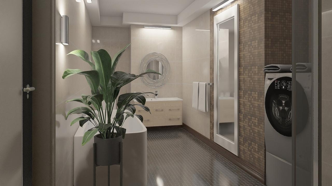 Nowoczesna łazienka z wanną, umywalką z szafką, pralką i rośliną doniczkową, wykończona w beżowych i brązowych odcieniach płytek, oświetlona światłem LED.