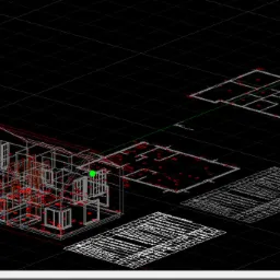 Widok 3D modelu domu z zaznaczonymi punktami instalacji elektrycznej, widoczne okno programu do projektowania, rzut domu oraz lista elementów instalacji elektrycznej.
