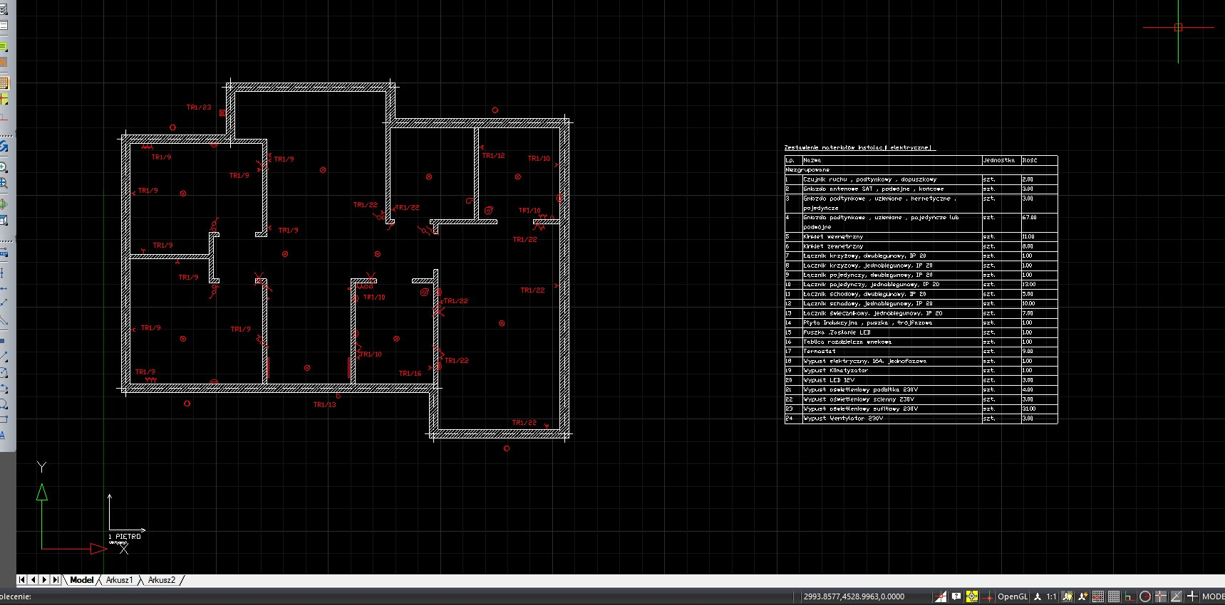 Schemat instalacji elektrycznej mieszkania z rozmieszczeniem punktów oświetleniowych i gniazd z opisami, widok z góry, czarne tło.