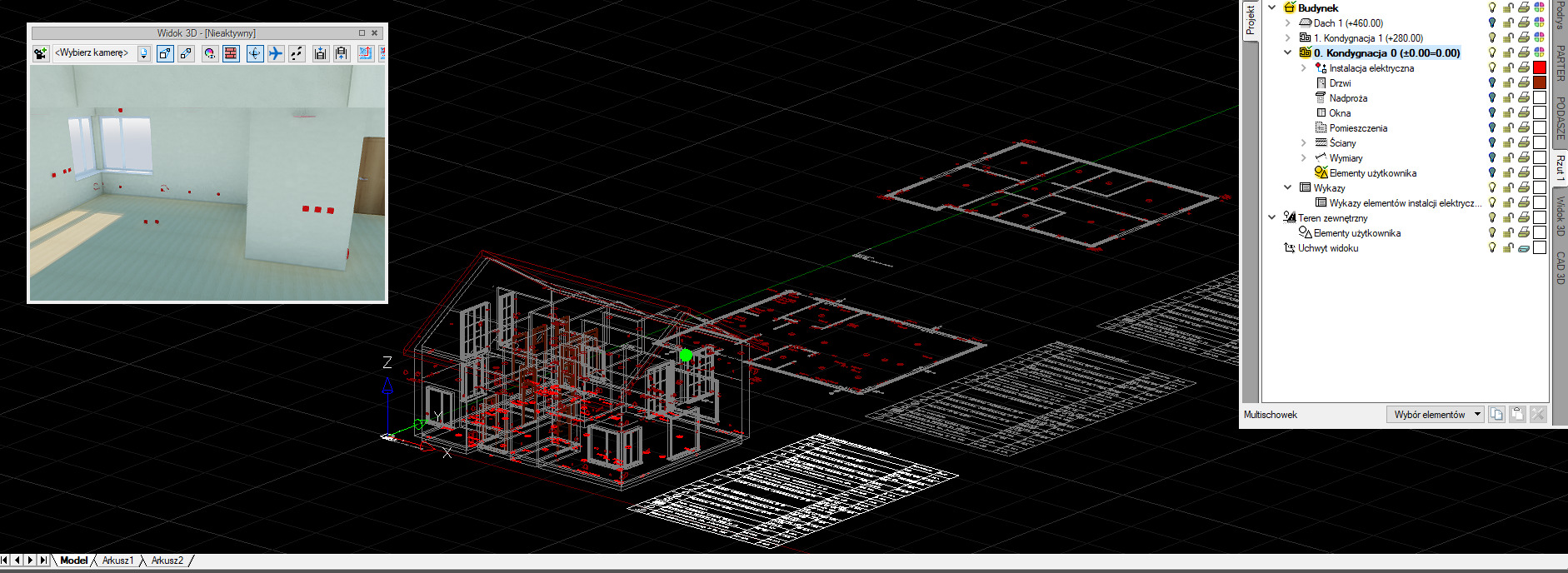 Widok 3D modelu domu z zaznaczonymi punktami instalacji elektrycznej, widoczne okno programu do projektowania, rzut domu oraz lista elementów instalacji elektrycznej.