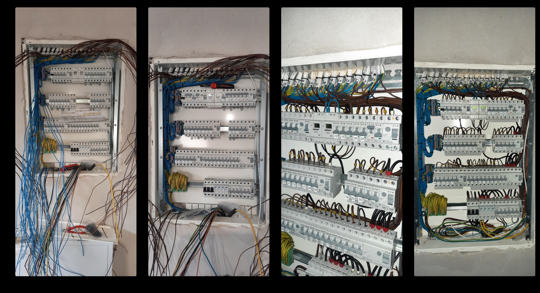 Cztery ujęcia tablicy rozdzielczej w trakcie montażu: widoczne kable w różnych kolorach, bezpieczniki i listwy zaciskowe, narzędzia elektryczne leżące obok, surowa ściana w tle.