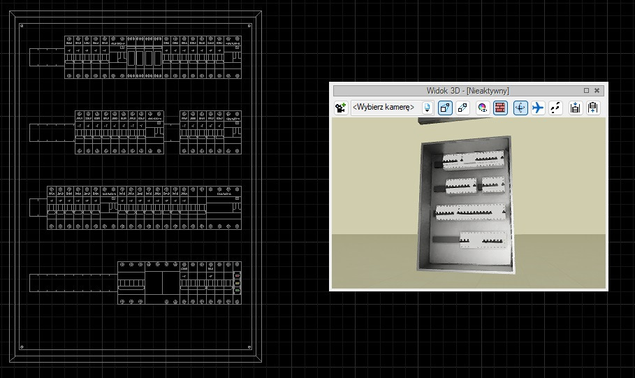 Schemat elektryczny rozdzielnicy z widokiem 3D w programie do projektowania.