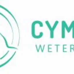 Logo firmy CYMWET Weterynaria: stylizowany rysunek psa i kota w okręgu, nazwa firmy w kolorze turkusowym.