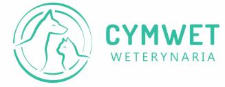 Logo firmy CYMWET Weterynaria: stylizowany rysunek psa i kota w okręgu, nazwa firmy w kolorze turkusowym.