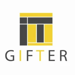 Minimalistyczne logo firmy 'GIFTER' z geometrycznym symbolem powyżej nazwy, wykorzystujące kolory żółty i szary.