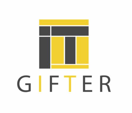 Minimalistyczne logo firmy 'GIFTER' z geometrycznym symbolem powyżej nazwy, wykorzystujące kolory żółty i szary.