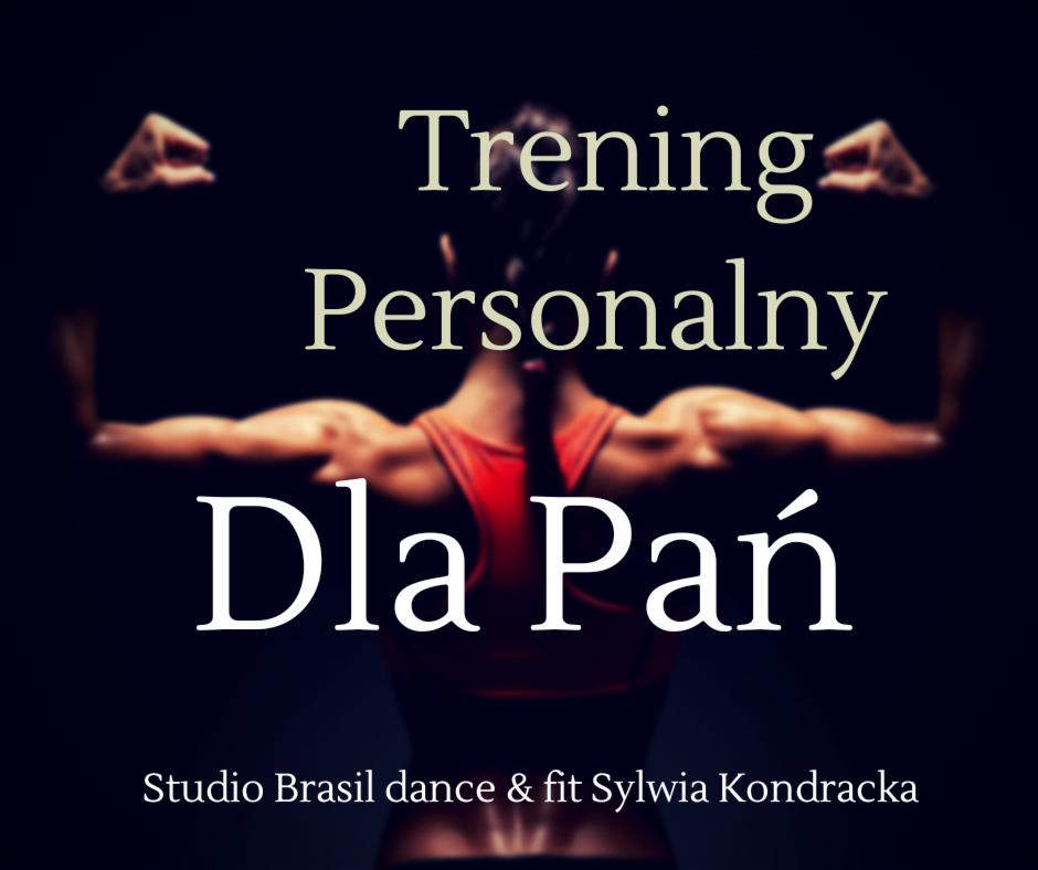 Kobieta w czerwonym sportowym topie, pokazująca napięte mięśnie ramion od tyłu, na tle ciemnego studia, z napisem 'Trening Personalny Dla Pań' i nazwą studia 'Studio Brasil dance & fit Sylwia...