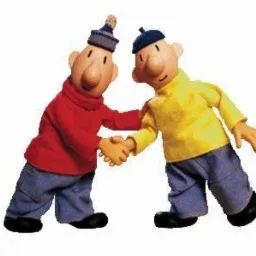 Animowane postacie Pat i Mat ściskają sobie dłonie na białym tle.