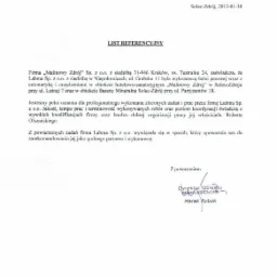 Skan listu referencyjnego dla firmy Lahma Sp. z o.o. od Malinowy Zdrój z datą 30 stycznia 2013 roku, potwierdzającego wykonanie łaźni parowej z automatyką w obiekcie hotelowo-sanatoryjnym.