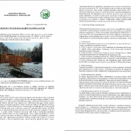 Dokument potwierdzający wykonanie robót budowlanych tężni solankowej w Katowicach, z widoczną częścią konstrukcji tężni w tle, w zimowej scenerii.