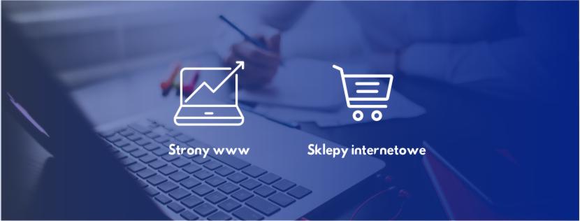 Laptop z ikonami strony internetowej i koszyka zakupowego, osoba pisząca w tle, konceptualne przedstawienie tworzenia obecności online dla biznesu.