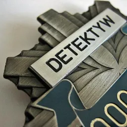 Metalowa odznaka z napisem 'Detektyw' na tle stylizowanego krzyża i niebieskiego elementu z ornamentem.
