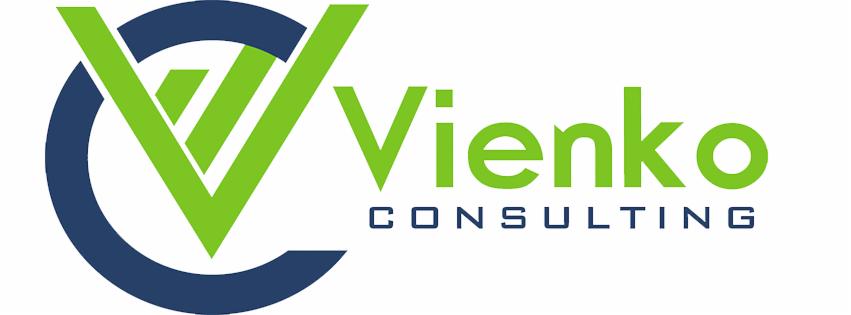 Logo firmy Vienko Consulting: zielony napis i symbol litery V wkomponowany w granatowy półokrąg. Nowoczesny font, czytelne litery, stonowana kolorystyka.