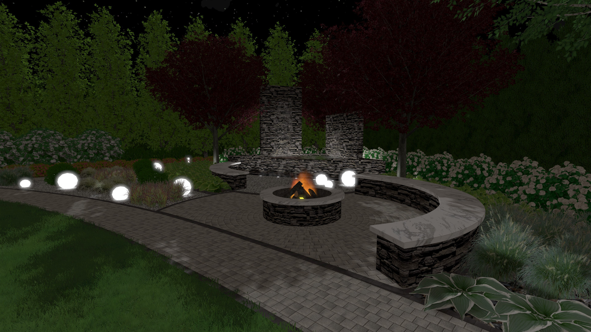 Wizualizacja ogrodu nocą z paleniskiem otoczonym kamienną ławką, podświetlonymi kulami i dekoracyjnym wodospadem w tle.