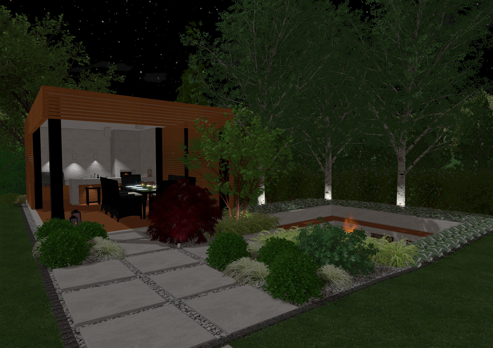 Wizualizacja oświetlonego ogrodu nocą z nowoczesną altaną z kuchnią letnią i paleniskiem otoczonym zielenią