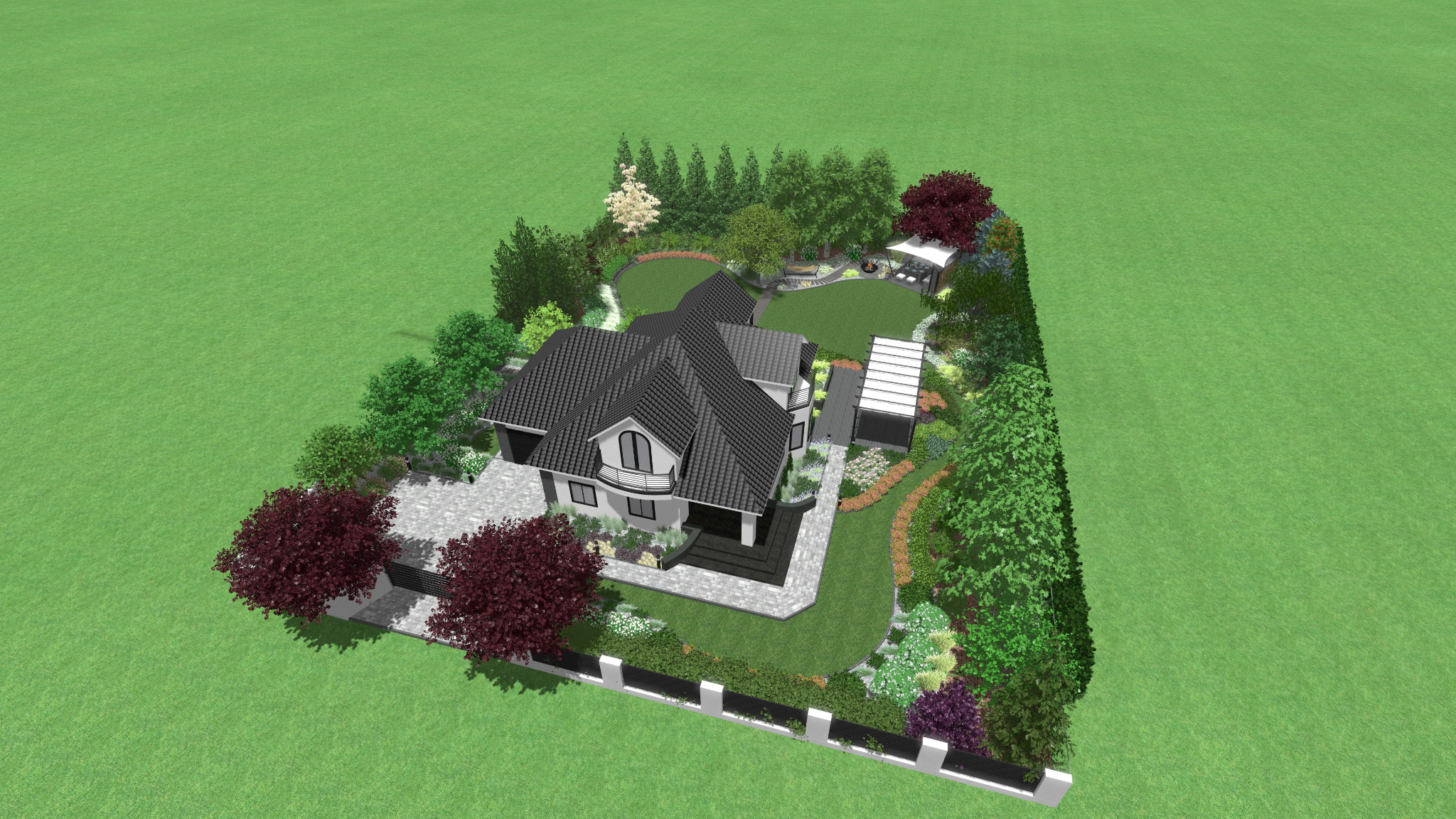 Wizualizacja 3D domu jednorodzinnego z zagospodarowanym terenem: trawnik, drzewa liściaste i iglaste, krzewy, altana z grillem, ścieżki spacerowe, garaż zadaszony.