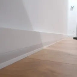 Nowoczesne białe listwy przypodłogowe zamontowane przy ścianie na drewnianej podłodze, widoczny fragment węża od odkurzacza w tle.