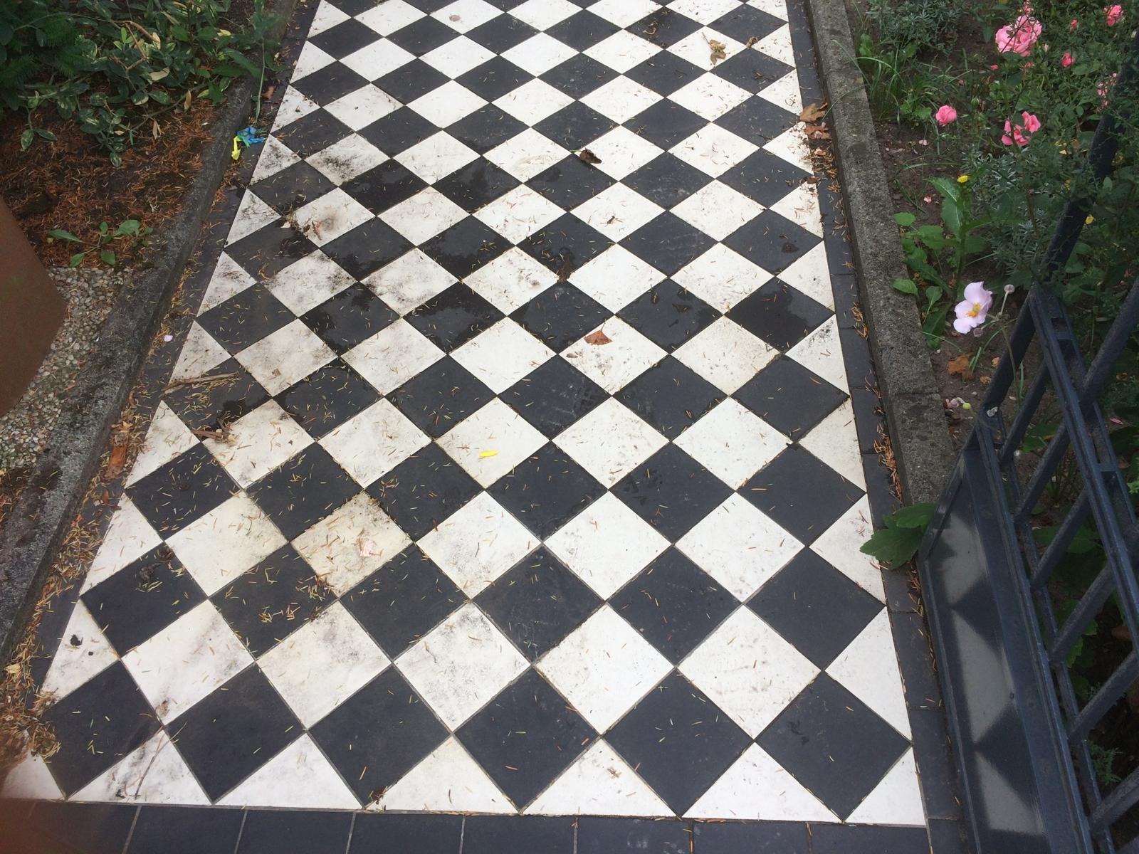 Ułożona podłoga z czarno-białych płytek w romby, widoczne drobne zabrudzenia i fragment rabaty kwiatowej z różowymi kwiatami. Ujęcie z góry.