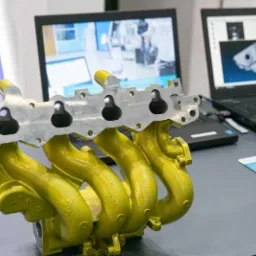 Żółty kolektor wydechowy z elementami obróbki skrawaniem, widoczne dwa laptopy z programami do projektowania CAD/CAM w tle.