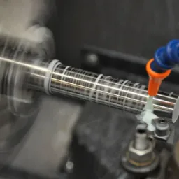 Metalowy wałek obrabiany w tokarce z użyciem chłodziwa, widoczne ślady obróbki w postaci regularnej siatki nacięć.