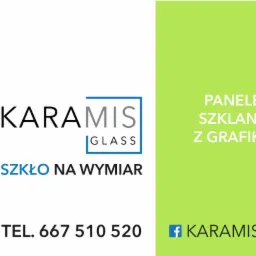 Kompozycja z czterech ujęć: nowoczesna kabina prysznicowa z zielonym szkłem, kuchnia z białymi szafkami i szklanym panelem z geometrycznym wzorem, kuchnia z różowym szklanym panelem nad blatem...