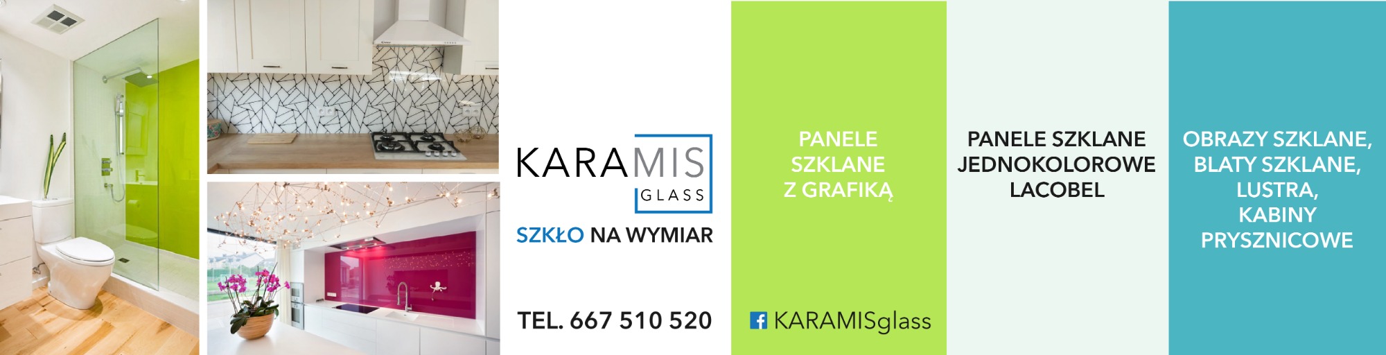 Kompozycja z czterech ujęć: nowoczesna kabina prysznicowa z zielonym szkłem, kuchnia z białymi szafkami i szklanym panelem z geometrycznym wzorem, kuchnia z różowym szklanym panelem nad blatem...