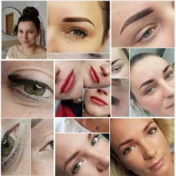 Kolaż zdjęć przedstawiających makijaż permanentny brwi i ust, eyeliner, portret kobiety z upiętymi włosami i delikatnym makijażem, mały tatuaż ptaka na obojczyku.