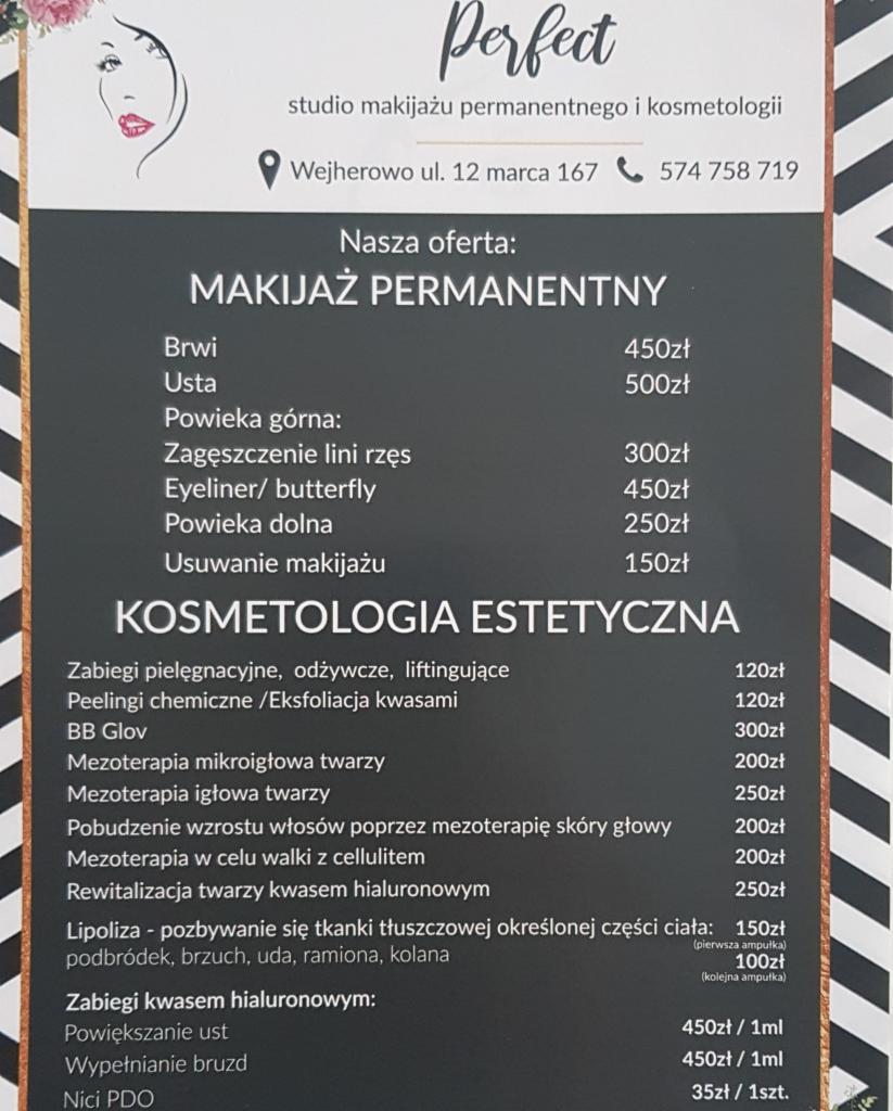 Cennik usług studia makijażu permanentnego i kosmetologii, obejmujący makijaż permanentny brwi, ust, powiek, usuwanie makijażu oraz zabiegi kosmetologii estetycznej takie jak mezoterapia, peelingi,...