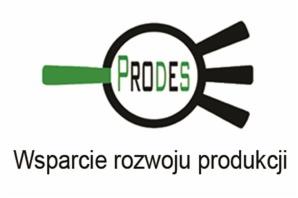 Logo firmy PRODES z zielonym akcentem i hasłem 'Wsparcie rozwoju produkcji'.