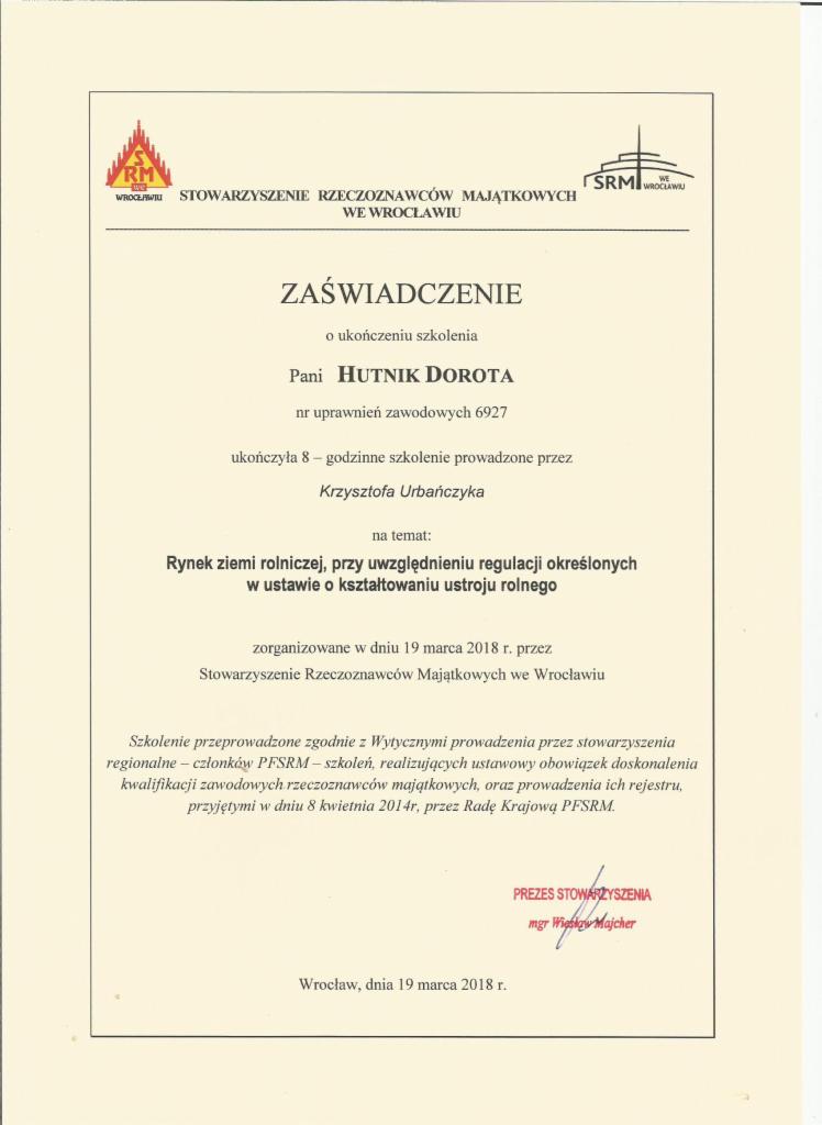 Skan zaświadczenia o ukończeniu szkolenia dla rzeczoznawcy majątkowego, wydane przez Stowarzyszenie Rzeczoznawców Majątkowych we Wrocławiu, z datą 19 marca 2018 r.