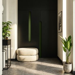 APform design studio - Nowoczesny hol z czarnymi drzwiami z zielonymi akcentami, beżowym pufem i roślinami w doniczkach. Minimalistyczny design z naturalnym światłem.