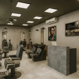 Wnętrze nowoczesnego salonu fryzjerskiego z fotelami, stanowiskami do mycia włosów, recepcją i dekoracjami ściennymi, oświetlone kwadratowymi lampami sufitowymi.