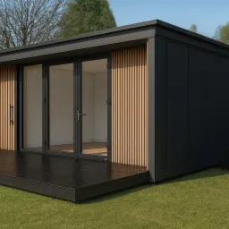 Nowoczesny, czarny domek biurowy z drewnianymi akcentami i tarasem, otoczony zielenią. Minimalistyczny design, duże przeszklenia, widok na ogród.