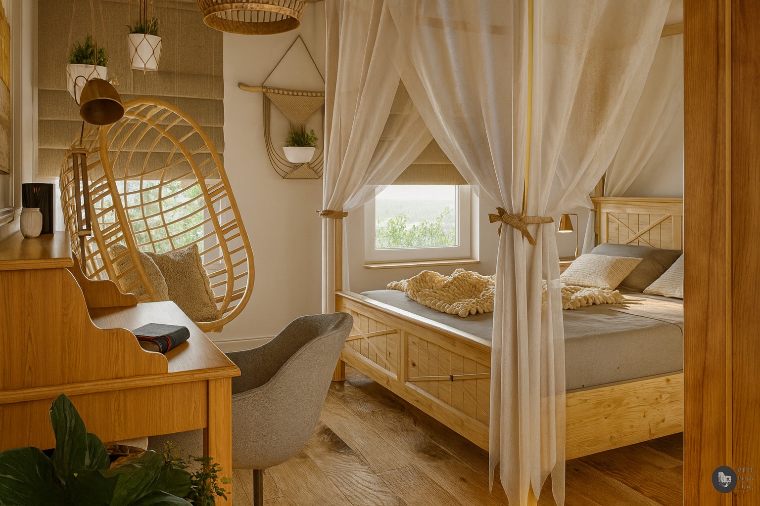 Jasne wnętrze sypialni w stylu boho z drewnianym łóżkiem z baldachimem, wiszącym fotelem i biurkiem. Naturalne materiały, rośliny doniczkowe i ciepłe oświetlenie.