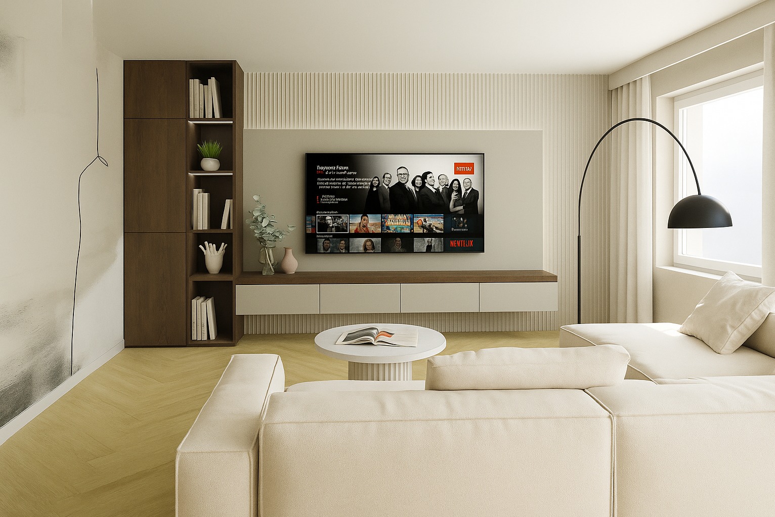 Nowoczesny salon z beżową sofą narożną, telewizorem na ścianie z lamelami i minimalistyczną zabudową meblową. Jasne wnętrze z drewnianą podłogą i lampą łukową.