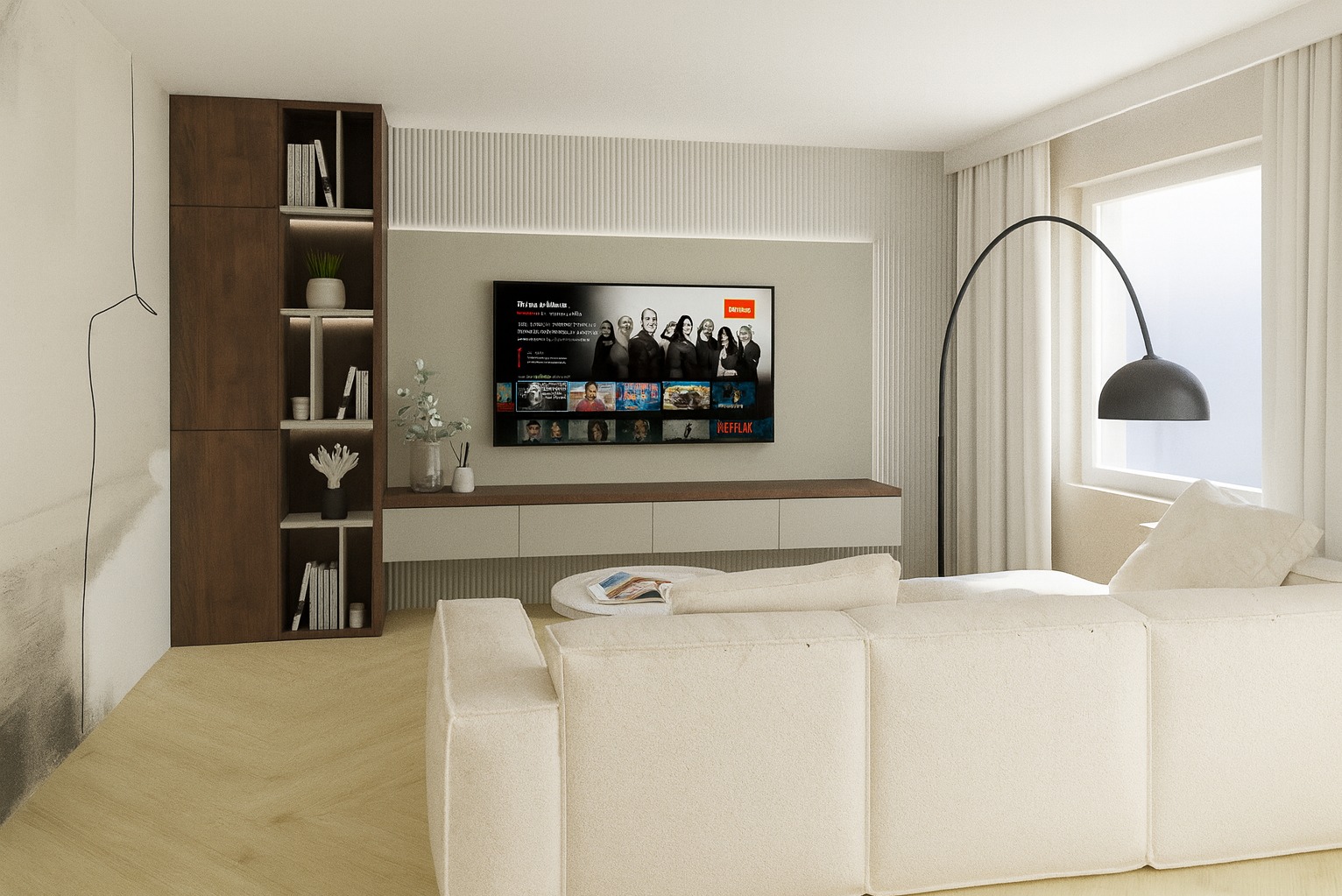 Jasny salon z beżową sofą modułową, telewizorem na ścianie z lamelami i minimalistycznym regałem. Stonowana kolorystyka, miękkie światło, nowoczesny design.