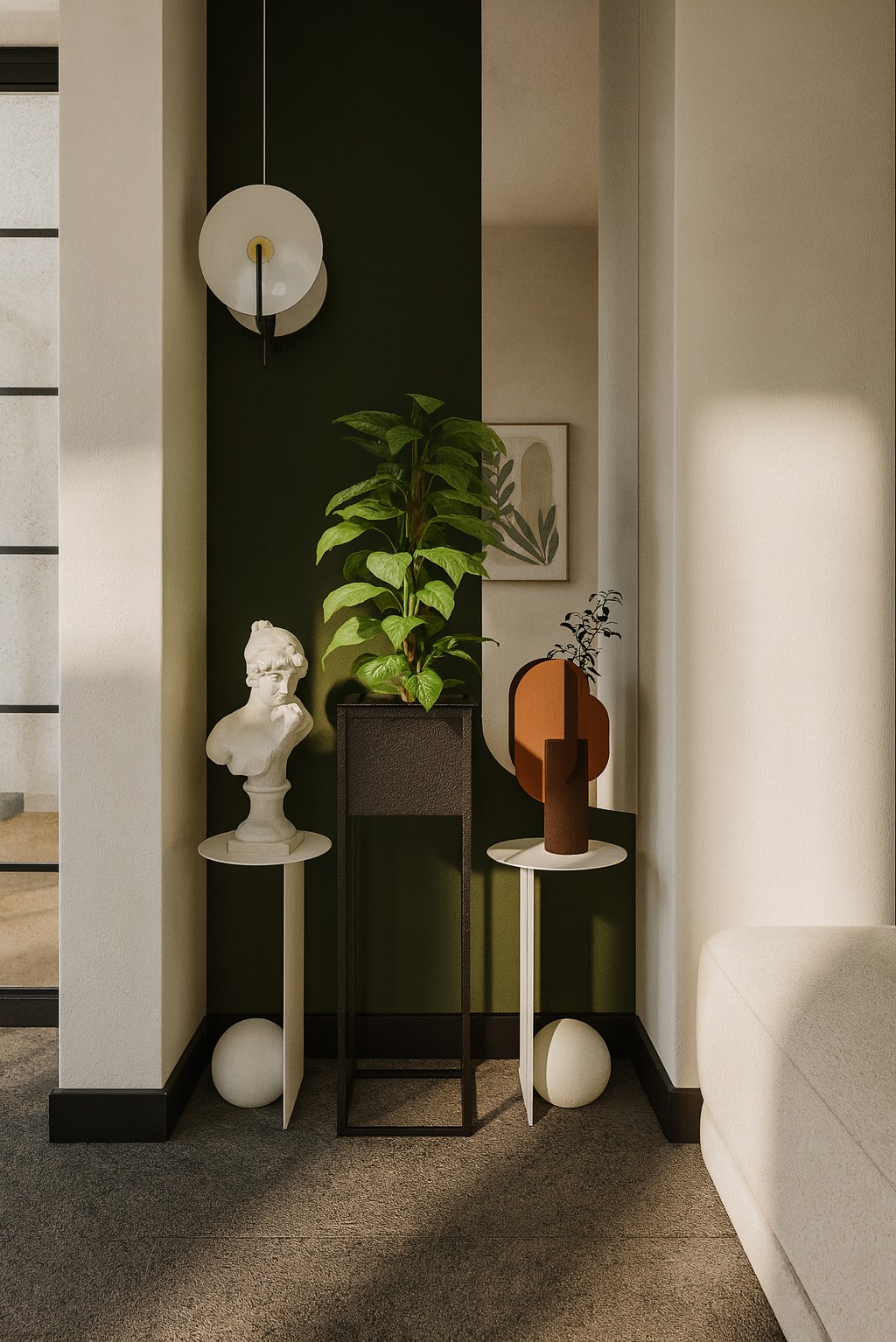 Stylowy kącik z rośliną w doniczce na metalowym kwietniku, popiersiem na okrągłym stoliku i abstrakcyjną dekoracją. Nowoczesne wnętrze z akcentami artystycznymi.