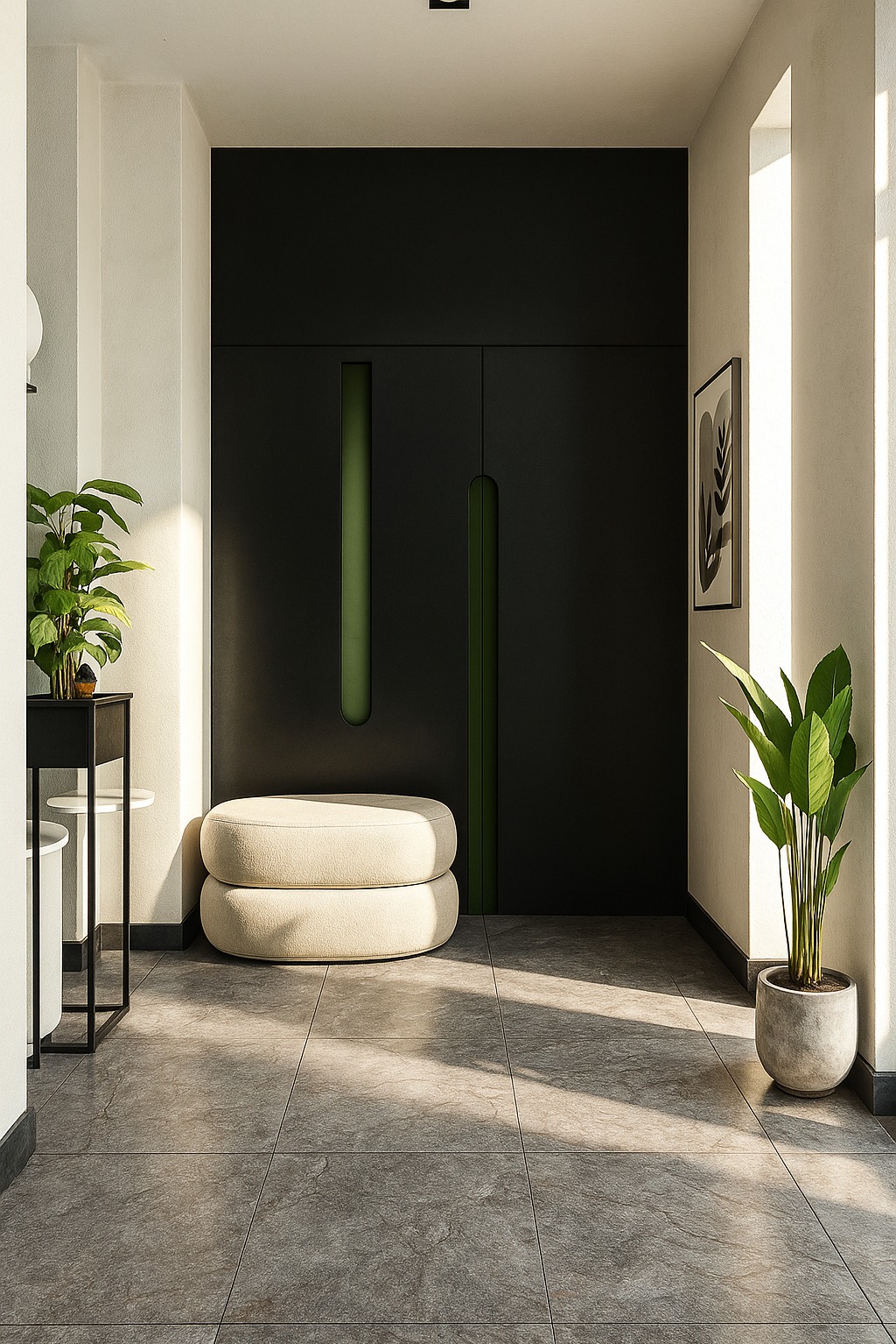Nowoczesny hol z czarnymi drzwiami z zielonymi akcentami, beżowym pufem i roślinami w doniczkach. Minimalistyczny design z naturalnym światłem.