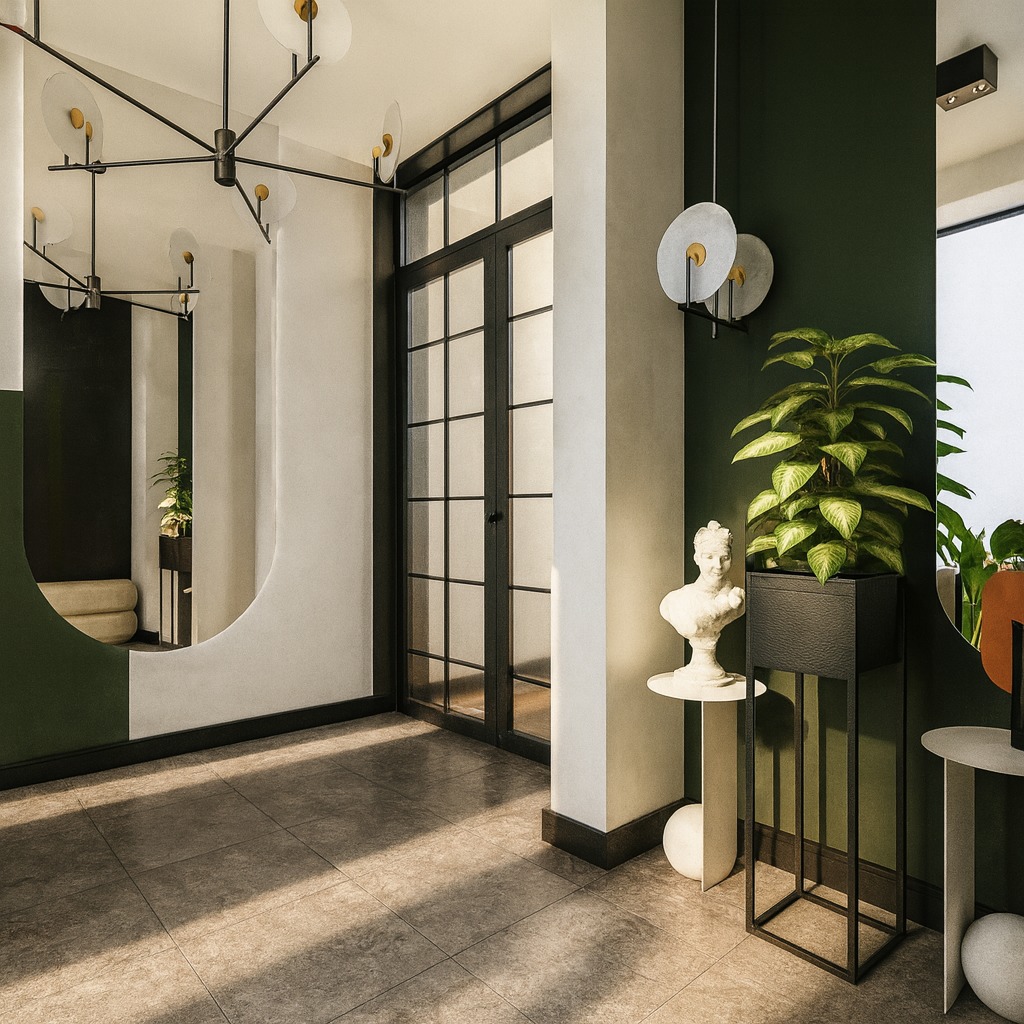 Nowoczesny przedpokój z ciemnozieloną ścianą, przeszklonymi drzwiami i lustrem o zaokrąglonym kształcie. Widoczna roślina w czarnej donicy i popiersie na stoliku.