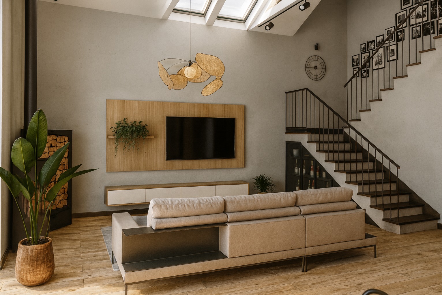 Jasne wnętrze salonu z drewnianą podłogą, beżową sofą i schodami z galerii zdjęć. Na ścianie telewizor i dekoracyjna lampa. Duże okno dachowe doświetla przestrzeń.