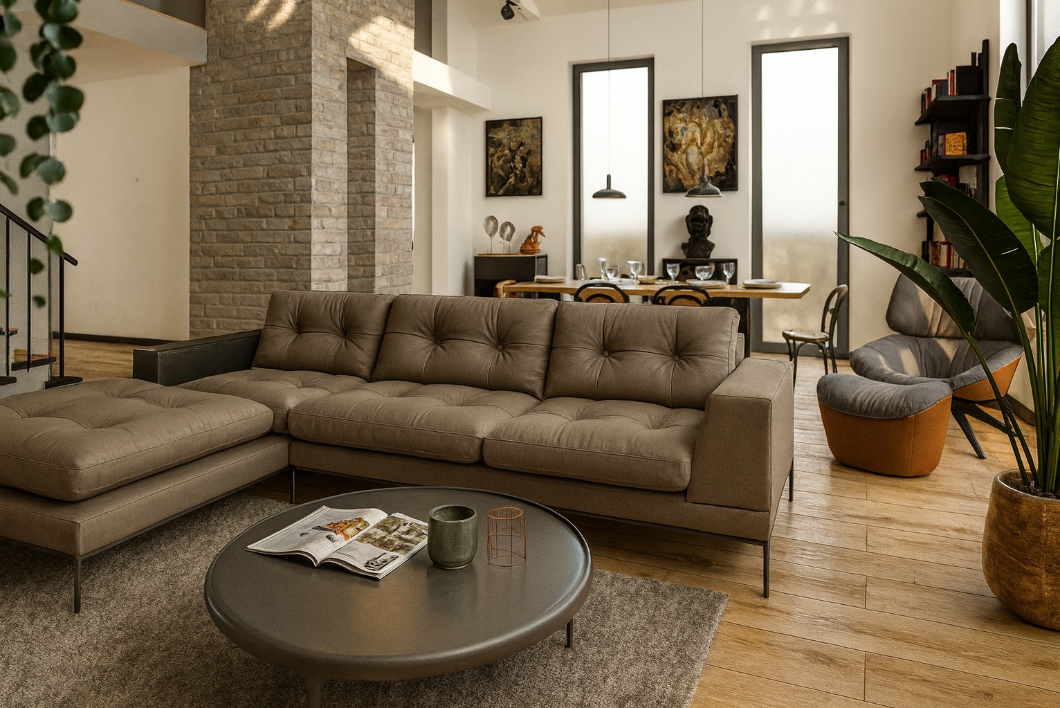 Nowoczesny salon z narożną sofą w odcieniach brązu, okrągłym stolikiem kawowym, drewnianą podłogą i ceglaną ścianą. Roślina doniczkowa dodaje wnętrzu naturalnego charakteru.