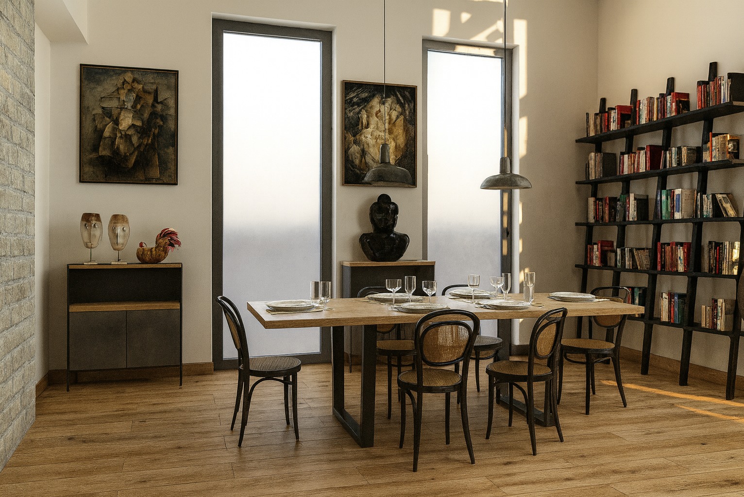 Stylowa jadalnia z drewnianym stołem, krzesłami w stylu retro i regałem z książkami. Dwa obrazy na ścianie i dekoracyjne detale dodają wnętrzu charakteru.