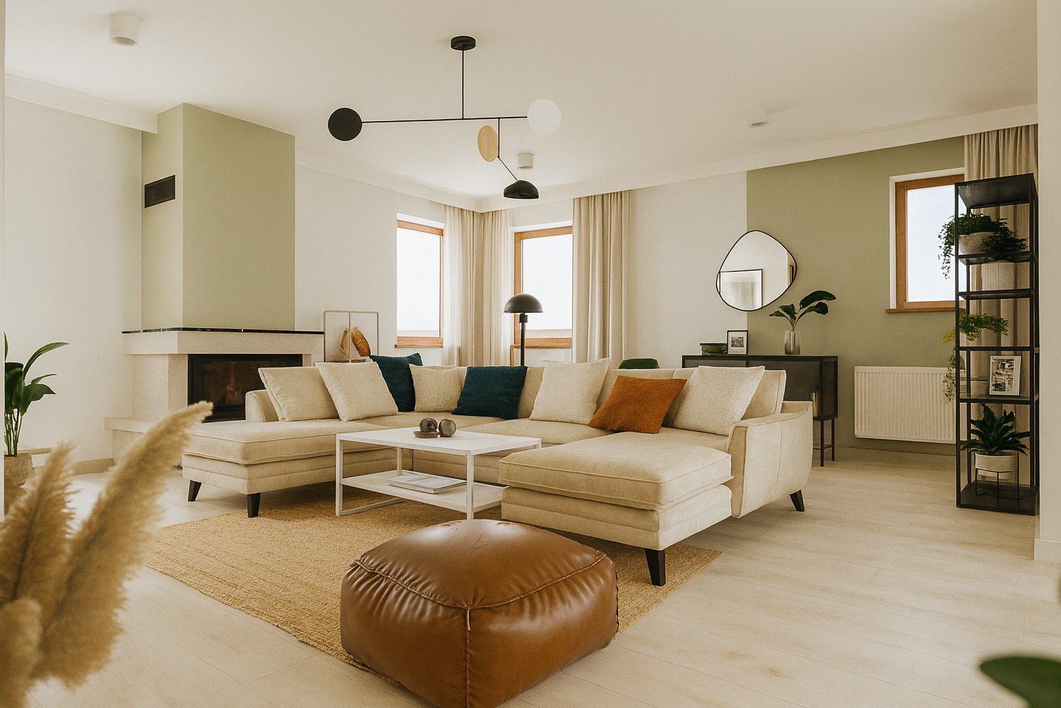 Jasny salon z narożnikiem, stolikiem, pufą i dywanem. Ściany w odcieniach bieli i oliwkowej zieleni, z kominkiem i półką na rośliny. Minimalistyczna lampa sufitowa.