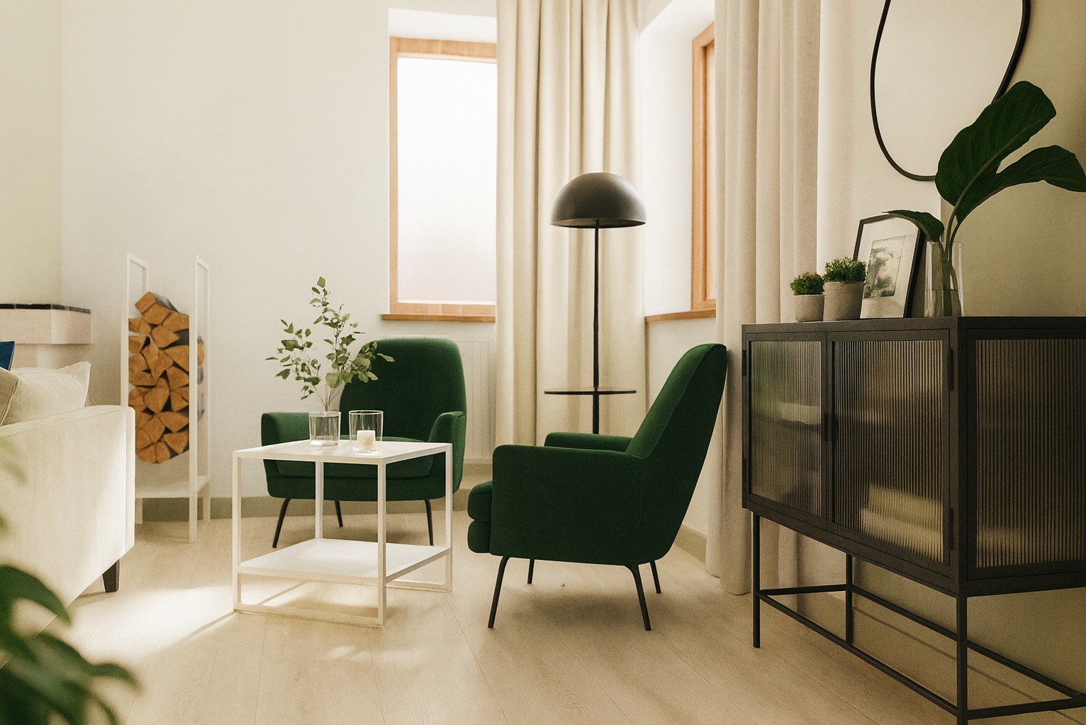 Stylowy salon z zielonymi fotelami i stolikiem kawowym. W tle widoczne okno z zasłonami i komoda z dekoracjami. Ciepłe oświetlenie nadaje przytulny klimat.