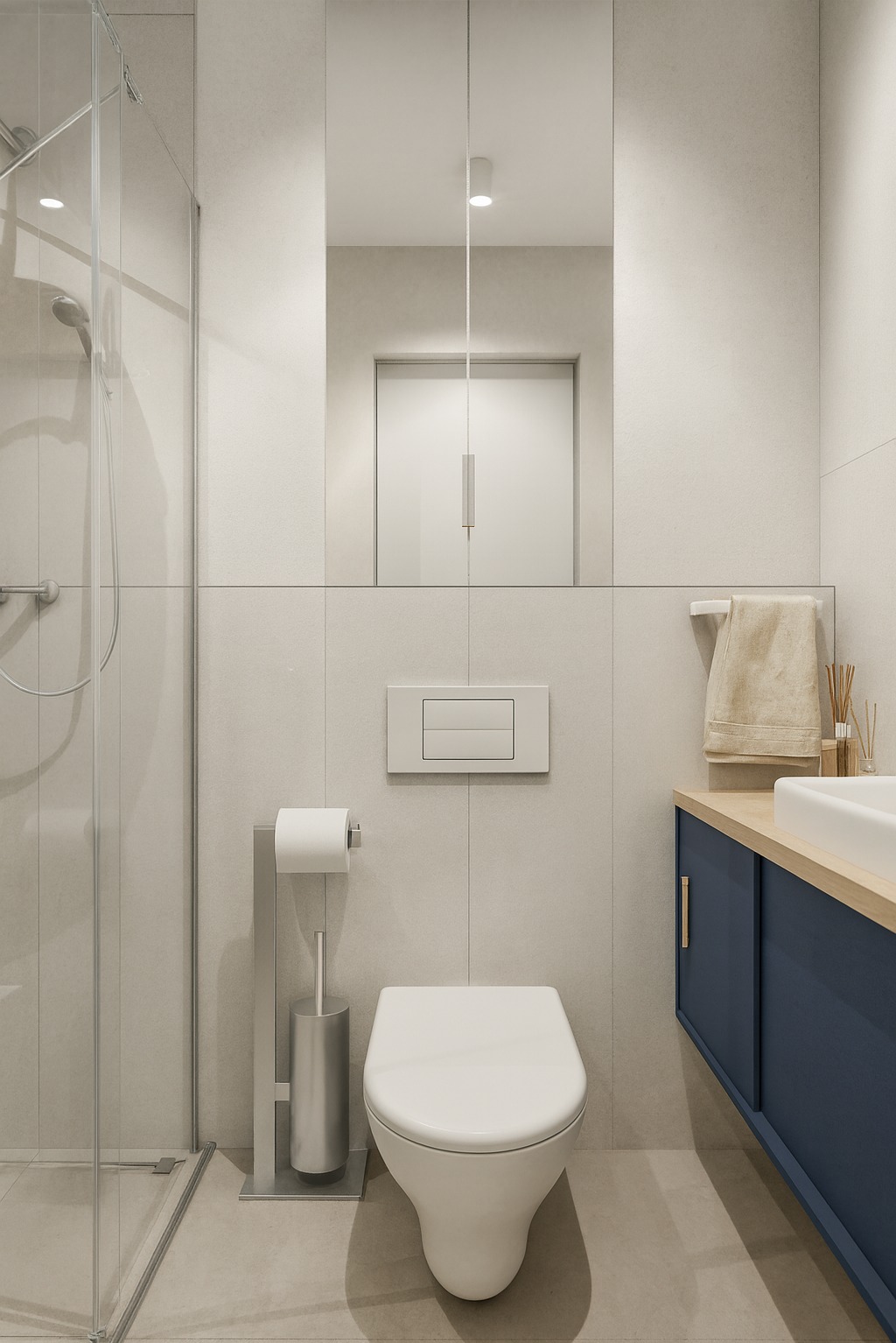 Minimalistyczna łazienka z kabiną prysznicową, podwieszaną toaletą i szafką umywalkową w odcieniach beżu i granatu. Widoczne detale: dozownik zapachu, ręcznik.