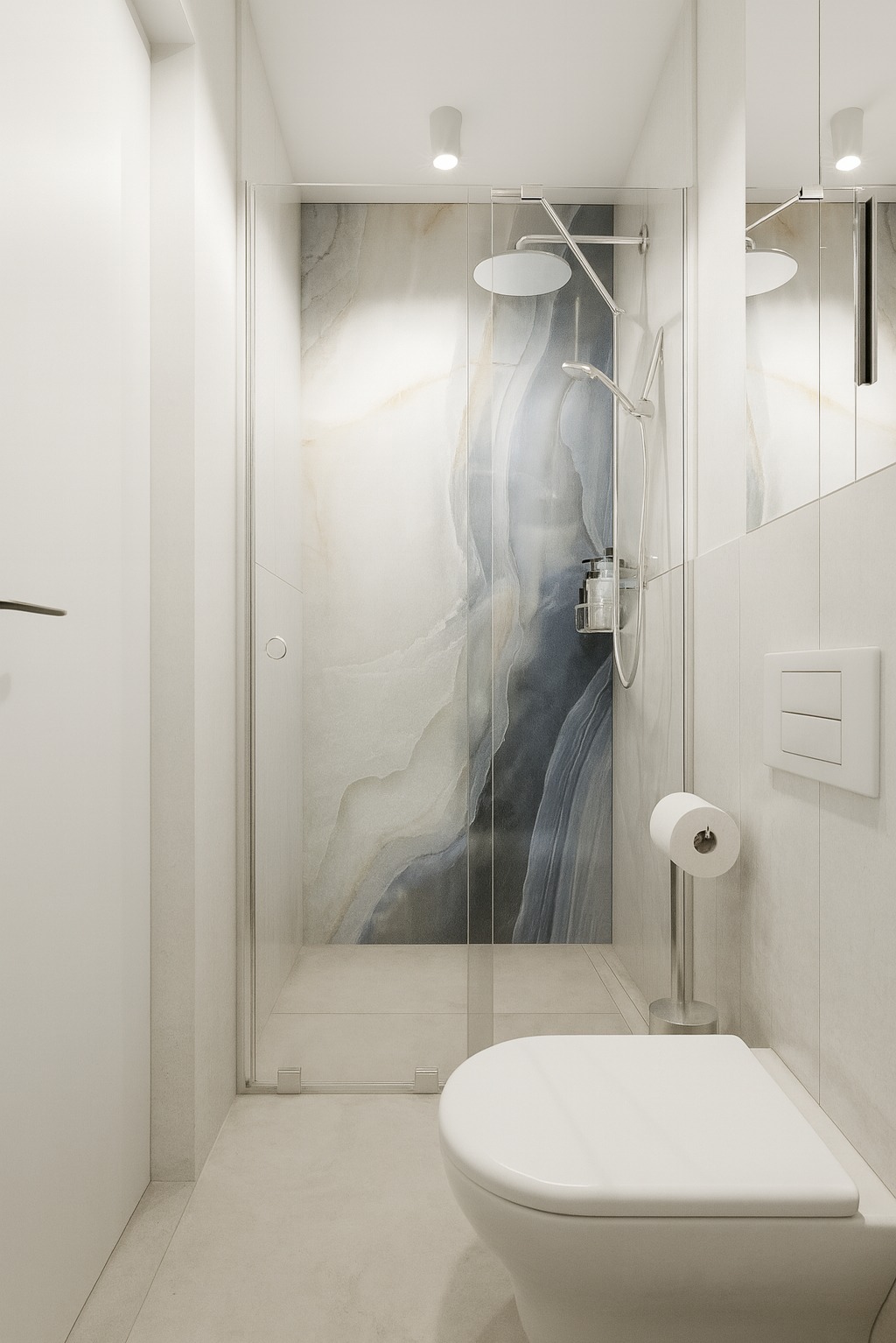 Nowoczesna łazienka z kabiną prysznicową typu walk-in, zdobioną marmurowym wzorem na ścianie. Uwagę zwraca minimalistyczna armatura i jasna kolorystyka płytek.