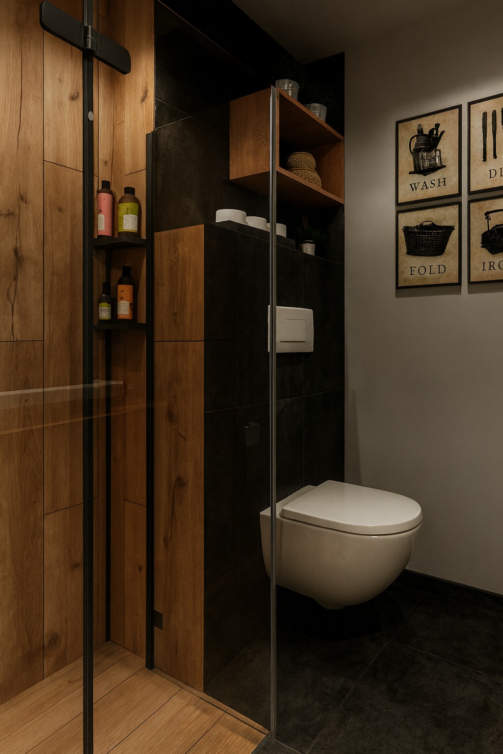 Nowoczesna łazienka z kabiną prysznicową typu walk-in, drewnianymi elementami i czarnymi płytkami. Uwagę przykuwają grafiki na ścianie z motywami prania i prasowania.